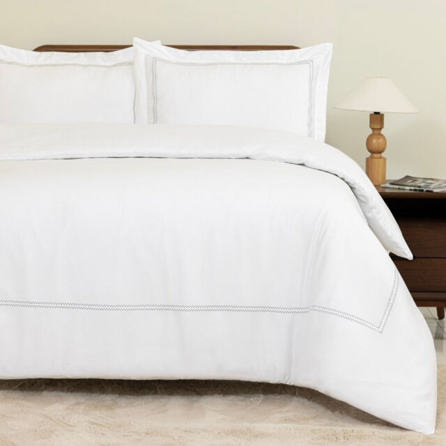 MHG Living Duvet Cover Set Oxford Grey Baratta Stitch Design Cotton Bedding - Includes 2 Pillowcases