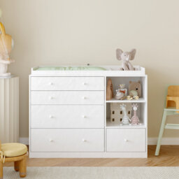 White Chest Of Drawers, Baby Changing Unit With 5 Drawers & Storage Shelves, Baby Clothes Storage Cabinet Dresser For Bedroom, Baby Room, 120w X 49.5d