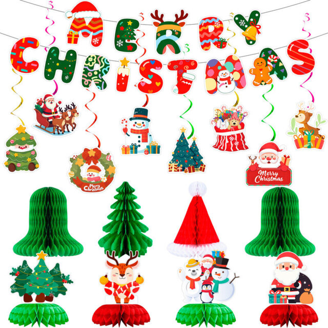 30 Pcs Merry Christmas Party Paper Hanging Decorations Indoor Kit, Christmas Banner, Swirl and Honeycomb Table Centerpieces, Christmas Party Decor