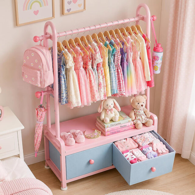 Kids Clothes Rack with Storage Drawers, Children Garment Rack, White