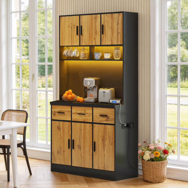 Kitchen Tall Cabinet –Pantry Cupboard with LED App Control, Drawers, Adjustable Shelves, Charging Station & Waterproof Countertop for Kitchen or Dinin