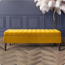 Safar Striped Ottoman Storage Bench – Upholstery Plush Velvet Shoe Bench with Black Turned Wooden Legs