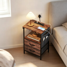 Narrow Bedside Table with Charging Station, Storage Drawers, Open Shelf and Hooks, Steel and Particle Board, Rustic Brown, 40 cm W x 30 cm D x 60 cm H