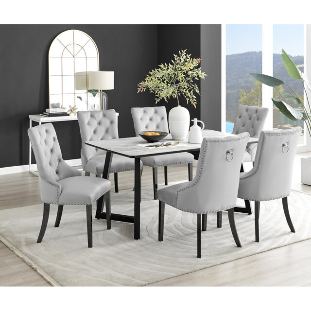 Industrial Design White & Grey Marble Effect Melamine Dining Table Set with 6 Button Velvet Chairs