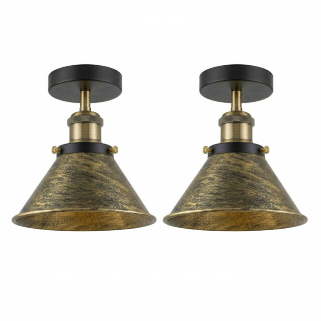 2 PackVintage Industrial Ceiling Lights with Metal 18cm Conical Shade, Semi-Flush Mount Lighting Fixture, Oil Rubbed Bronze Chandelier for Farmhouse K