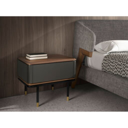 Bedside table in matt dark grey wood, black steel and walnut top