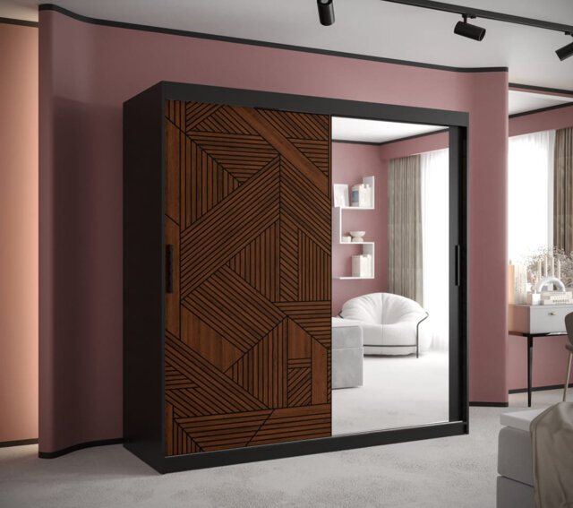 Rutger Mirrored Sliding Door Wardrobe W180cm â Black, Dark Walnut, Ample Storage with Modern Design