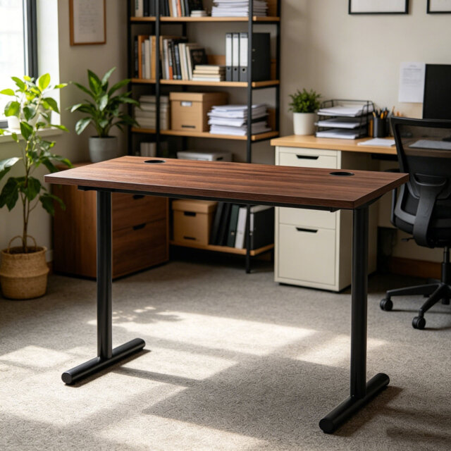 Office Writing Desk, Walnut Desktop and Black Frame, Rectangular, Simple Assembly, 120 x 60 x 73.6 cm