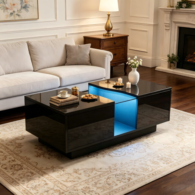 High Gloss Coffee Table With RGB LED Lights and Dual Storage Drawers For Living Room