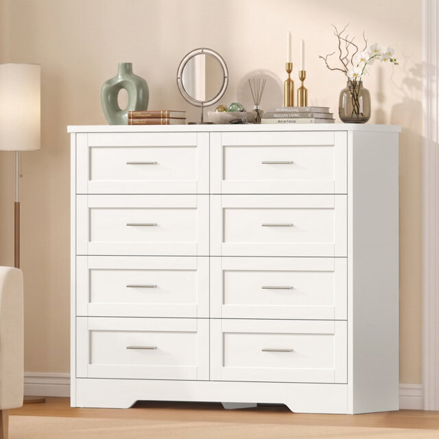 Large Dresser with 8 Drawers, Modern Chest of Drawers with Metal Handles, Dresser for Bedroom, Living Room, White