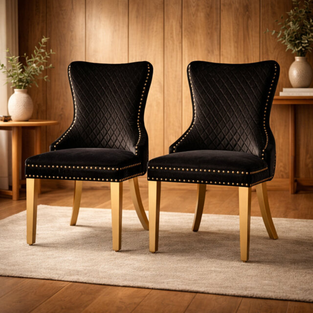 Set Of 2 Black Victoria Dining Chairs With Gold Legs