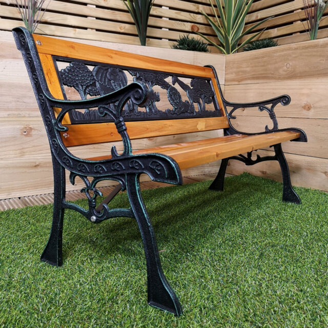 Kraus Kids 2 Seater Wooden & Cast Iron Garden Patio Childrens Bench with Animal Design