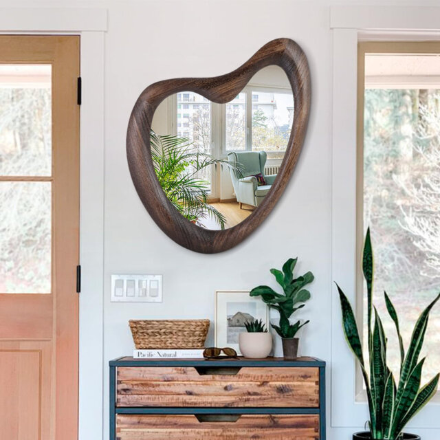 Irregular Wall Mirror Wood Frame, Asymmetrical 65 X 45Cm Wall Mounted Accent, Modern Decorative