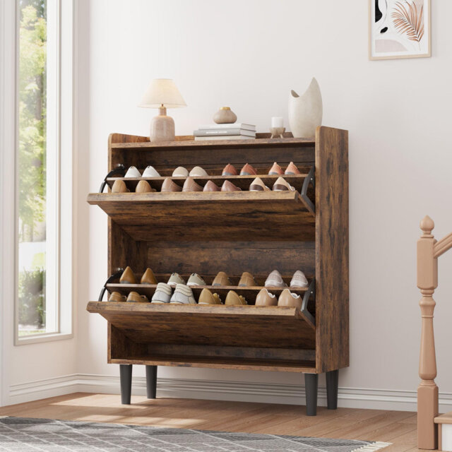 34.5in Shoe Cabinet with 2 Flip Doors, Wooden Shoe Storage Organizer with Adjustable Shelf, Hidden Entryway Hallway & Living Room Storage Cabinet, Fre