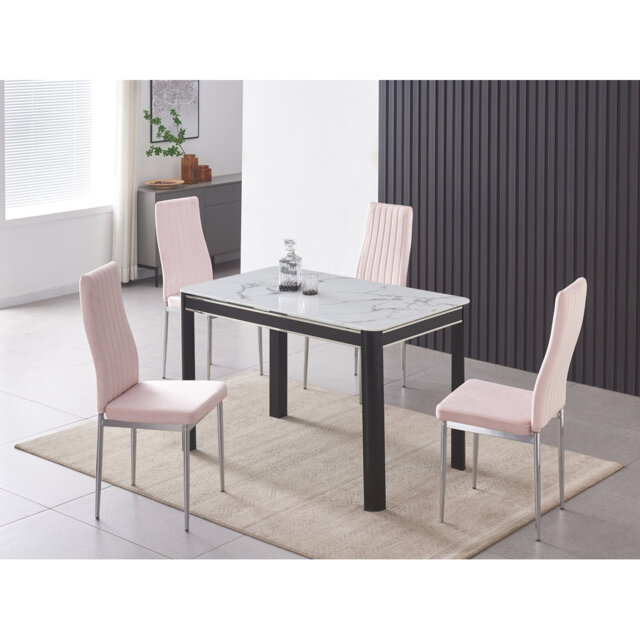 Hannahs White Marble Effect Dining Table With 4 Monza Velvet Chairs
