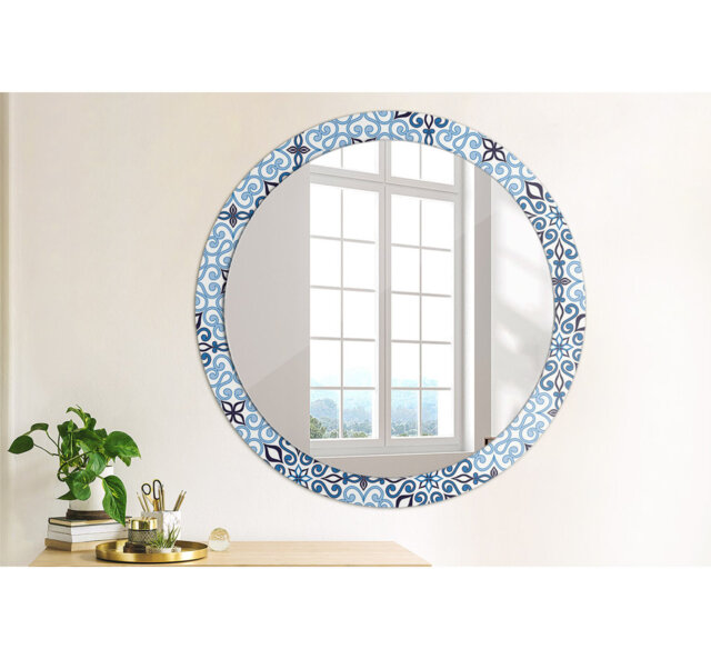 Huldar Round Glass Framed Wall Mounted Accent Mirror in Blue/White/Black