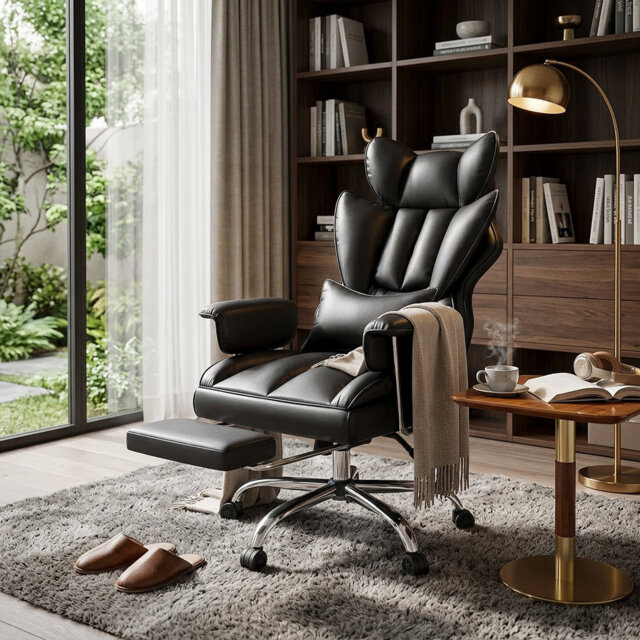 Ergonomic Adjustable Reclining Swiveling Office Chair - Faux Leather with Footrest for PC