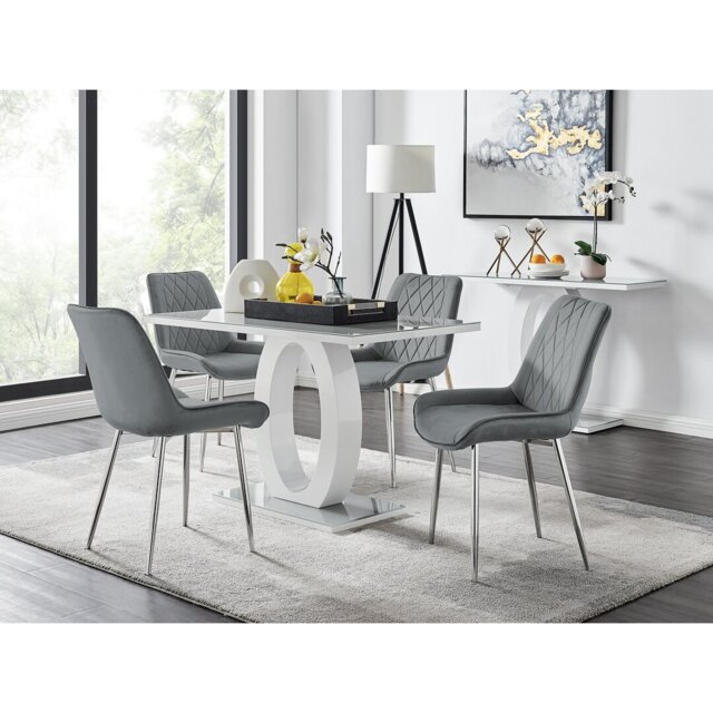 Scottsmoor Modern High Gloss & Glass Dining Set - 4 Luxury Velvet Mid-Century Upholstered Chairs
