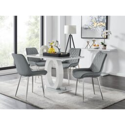 Scottsmoor Modern High Gloss & Glass Dining Set - 4 Luxury Velvet Mid-Century Upholstered Chairs