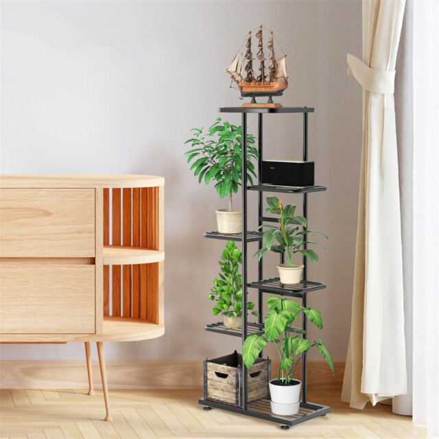 6 Tier Plant Stand in Black Metal with Gardening Tools and Gloves