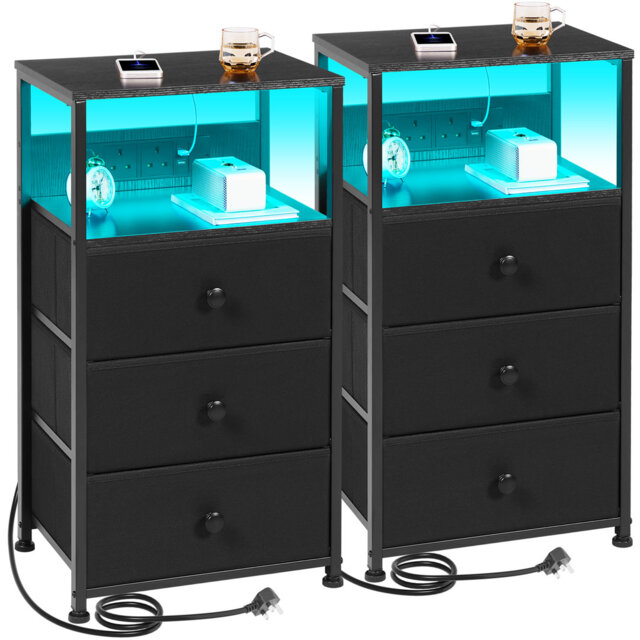 Night Stand Set 2, Led Nightstand With Charging Station, End Tables With Storage Shelf, Bed Side Table With 3 Fabric Drawers For Bedroom, Small Spaces