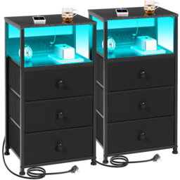 Night Stand Set 2, Led Nightstand With Charging Station, End Tables With Storage Shelf, Bed Side Table With 3 Fabric Drawers For Bedroom, Small Spaces