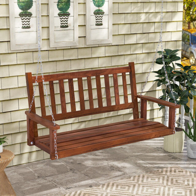 2-Person Porch Hanging Swing Chair Wooden Garden Swing Bench W/ Slatted Back