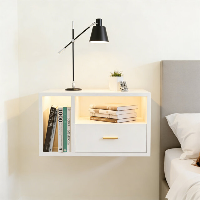 Floating Bedside Table With Power Socket & LED Light, Wall Mounted Nightstand With 1 Drawer & 2 Compartments For Bedroom Living Room