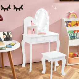 Kids Vanity Set, Toddler Vanity Table with Stool, Lights, Mirror, Play Vanity Set, Drawer, 2 Open Storage Shelves, Wooden Little Princess Dressing Tab