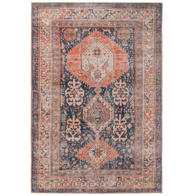 Machine Washable Navy Terra Traditional Persian Style Distressed Living Room Area Rug