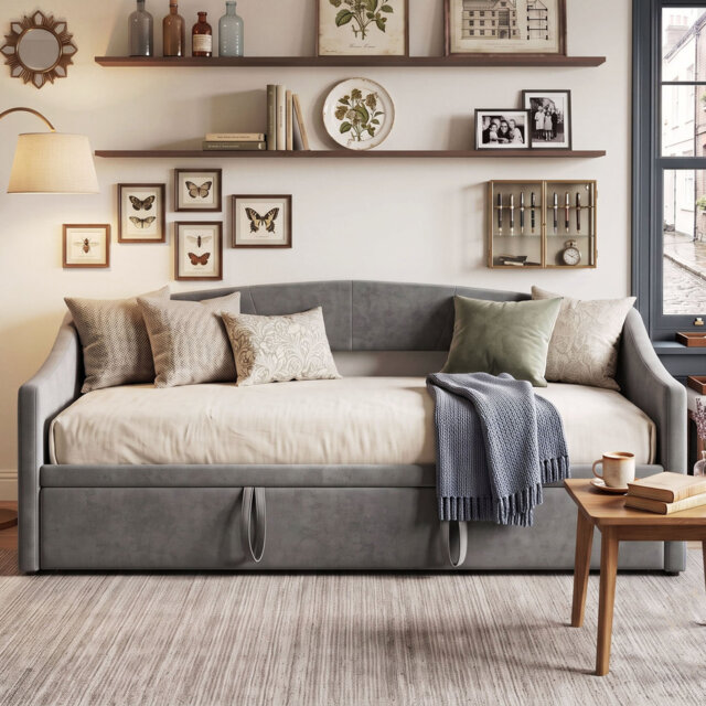 EU & UK Single 3-in-1 Extendable Velvet Daybed with Pop-Up Trundle,Upholstered Sofa Bed Frame, Beige & Grey, 90x190/200cm