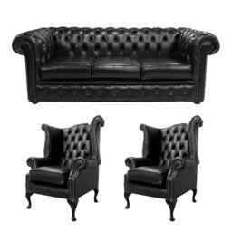 Chesterfield 3 Seater Sofa + 2 X Queen Anne Chairs Old English Leather Sofa Offer