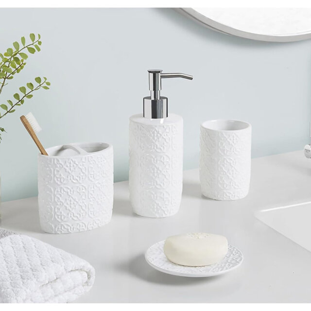 Ceramic Bathroom Set (Embossed Damask Medallion): Dispenser, Toothbrush Holder, Tumbler, Trinket Dish