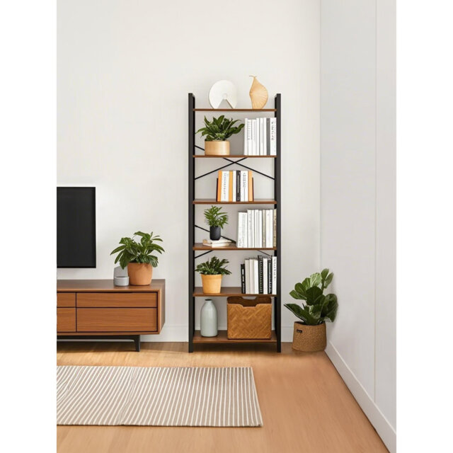 6-Tier Bookshelf, Bookcase, Shelving Unit, for Office, Study, Living Room, Bedroom, 30 x 66 x 186 cm, Industrial, Greige and Black