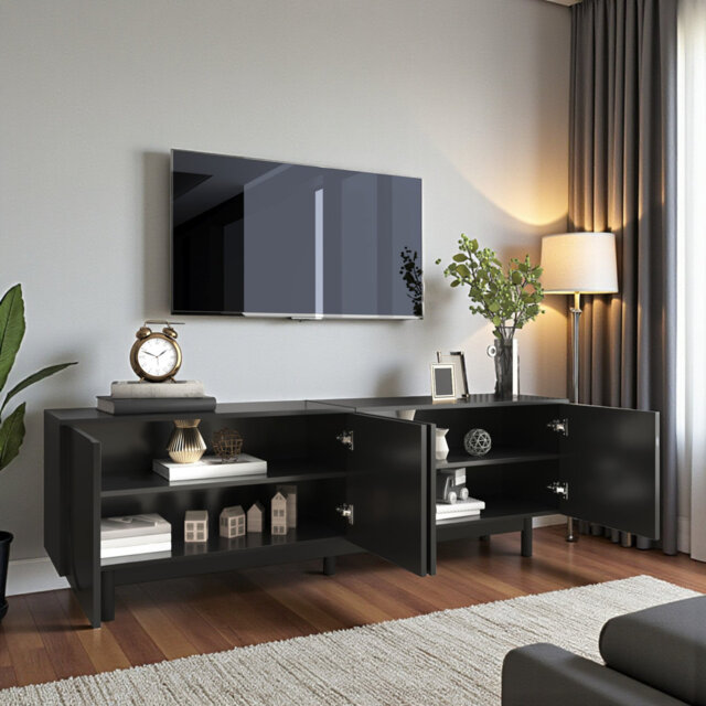 Black TV Cabinet Adjustable Shelves, Lowboard TV Stand