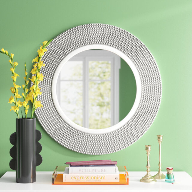 Ryker Round Decorative Wall Mirror - Beaded Silver