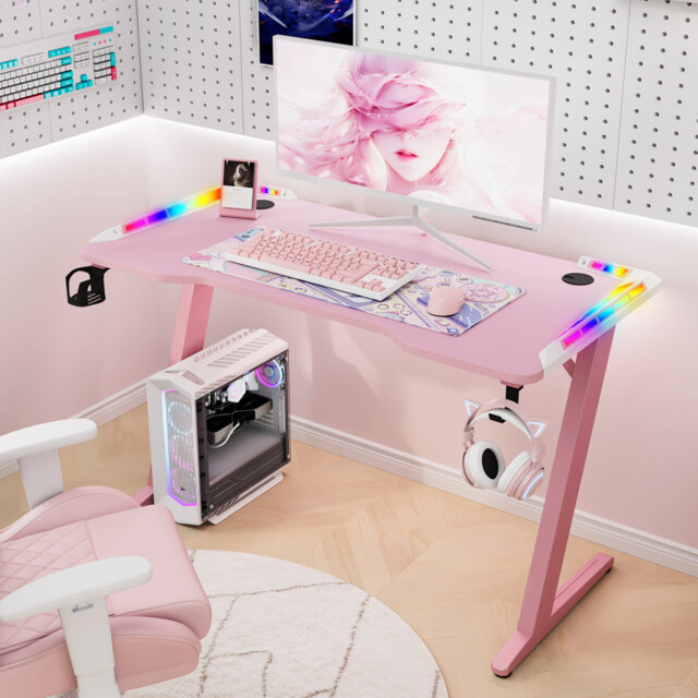 120cm W Rectangular Computer Desk, Gaming Desk with LED Lights, Cup Holder & Hook