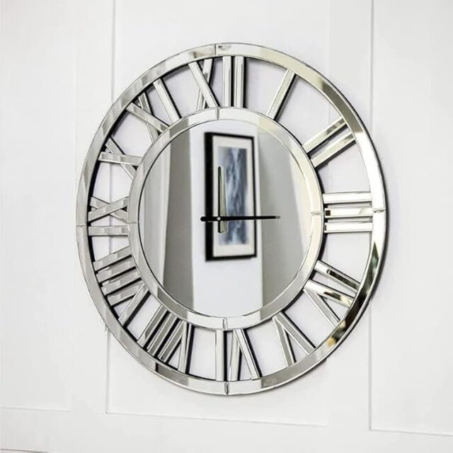 40X40Cm Full Mirrored Wall Clock Large Roman Numeral Clock Silver Finish Modern Home Decorative Mount (Round)