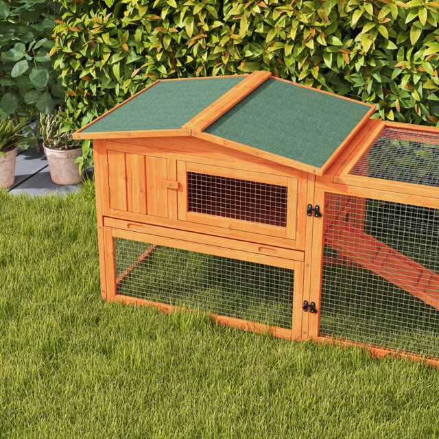 Rabbit Hutch with Run Sliding Tray Ramp 156 x 58 x 68cm Orange