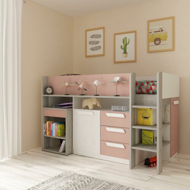 Loren European Single (90 x 200cm) 3 Drawer Mate's & Captain's Mid Sleeper Loft Bed Bed with Bookcase
