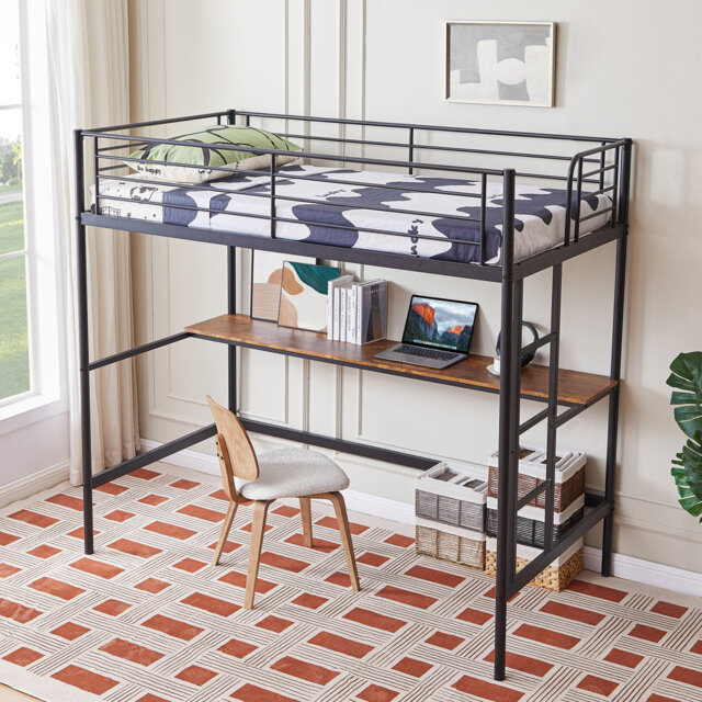 Single Size Loft Bed With Desk, High Sleeper Bedframe With Removable Ladder And Safety Guardrail, Sturdy Metal Slats Support