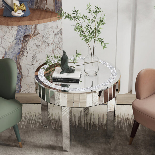 60cm Round Mirrored Coffee Table Glitz Sparkle Diamond Sofa Side Table with Crushed Crystal Inlay