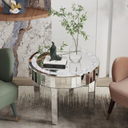 60cm Round Mirrored Coffee Table Glitz Sparkle Diamond Sofa Side Table with Crushed Crystal Inlay