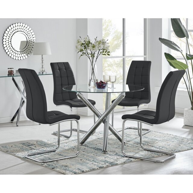 Seline Modern Round Dining Table Set in Glass and Chrome with 4 Modern Faux Leather Dining Chairs