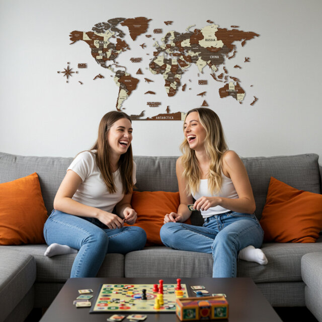 Wooden World Map Wall Art with Flag Stickers – 3D Layered Wood Décor & Travel Tracker