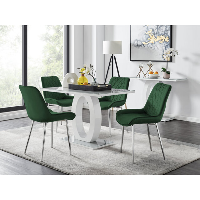 Scottsmoor Modern High Gloss & Glass Dining Set - 4 Luxury Velvet Mid-Century Upholstered Chairs