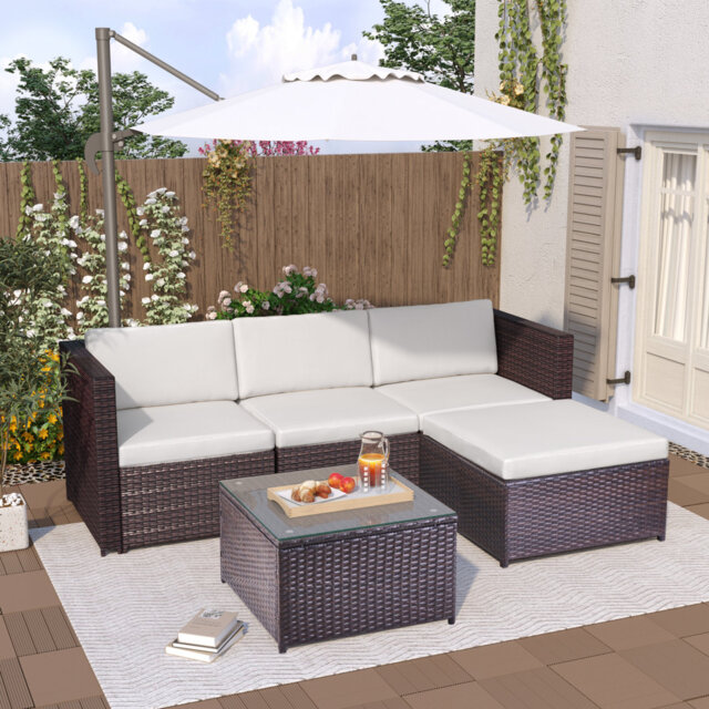 Rattan Garden Sofa Set With Glass Top Coffee Table