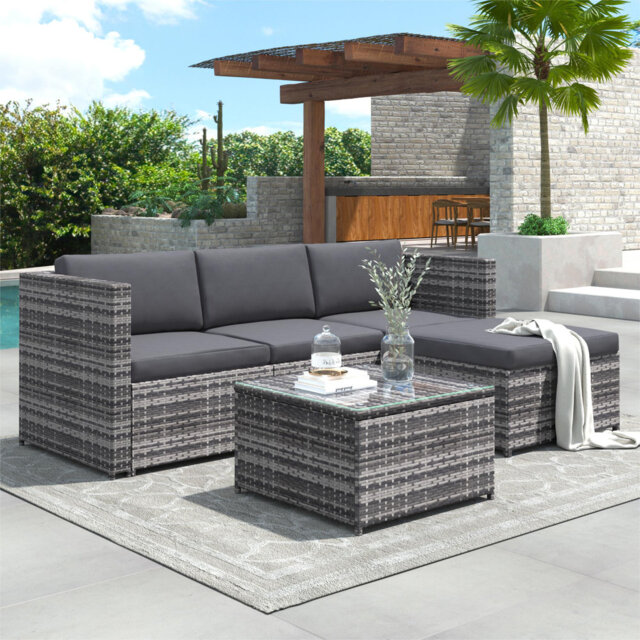 Rattan Garden Sofa Set With Glass Top Coffee Table