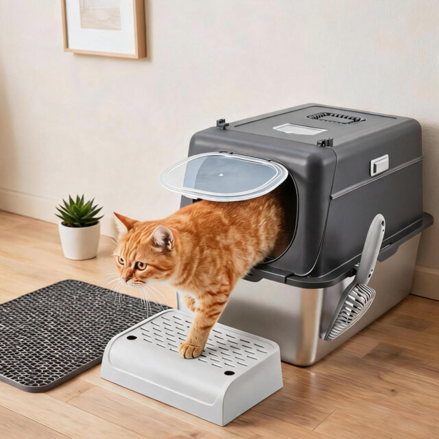 Stainless Steel Cat Litter Box with Lid, Litter Scoop & Litter Mat, Extra Large High Sided Cat Litter Box Odour-Proof, Leak-Proof