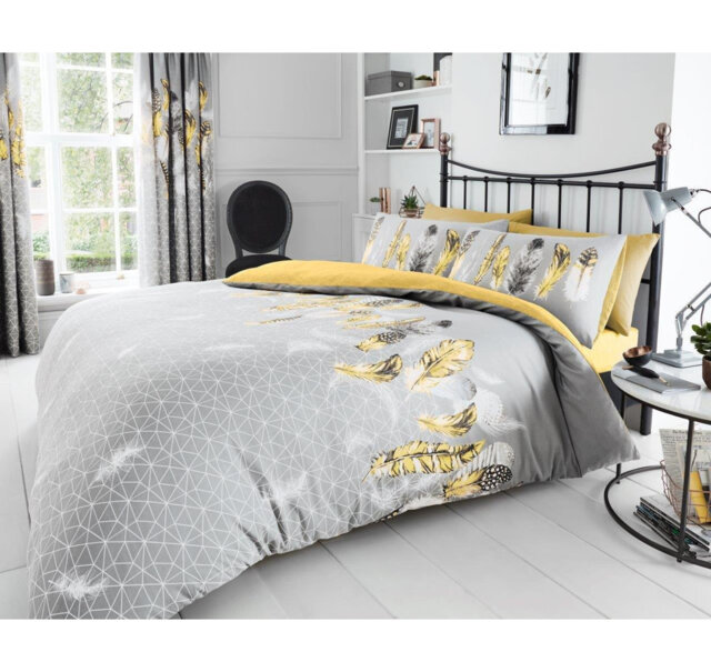Modern Feather Design Duvet Cover Set with Matching Pillowcases - Polycotton Fabric Bedding